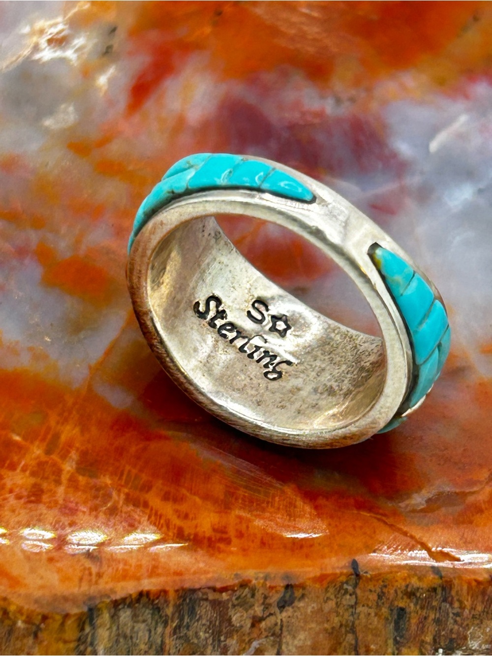 Southwest Turquoise and Coral Inlay Ring, sterling silver - Size 9 - Picture 6 of 7